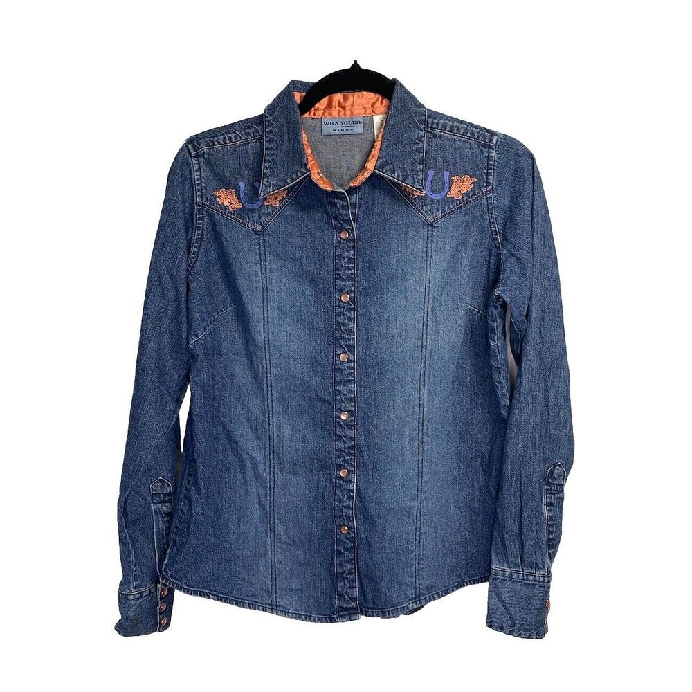 Vintage Wrangler Denim Pearl Snap Women's Medium Blue Western Rodeo Horseshoe